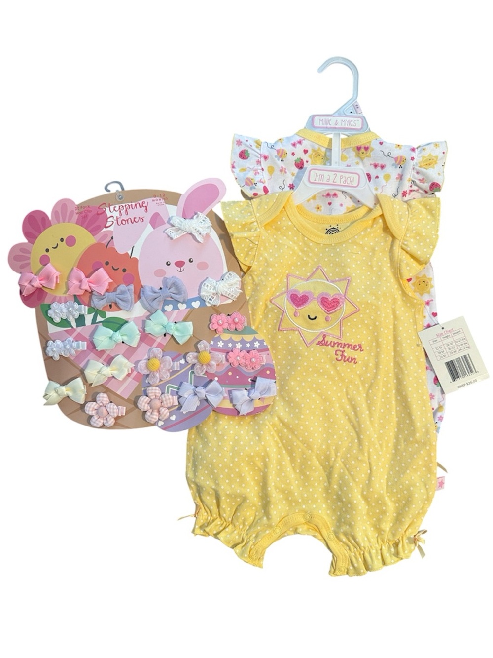 Baby Girl Spring / Summer Outfit Bundle - 2 Onesies and 20 Bows NWT